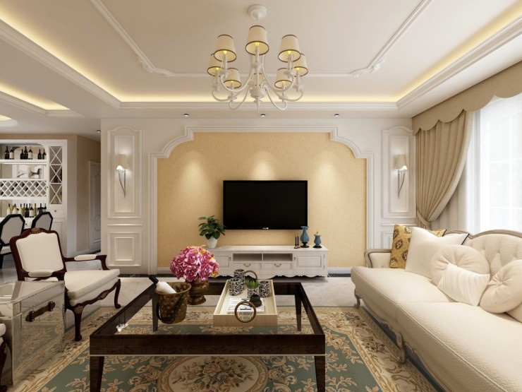 欧式沙发,和整体风格相得益彰,十分典雅舒适;背景墙在硅藻泥的基础上