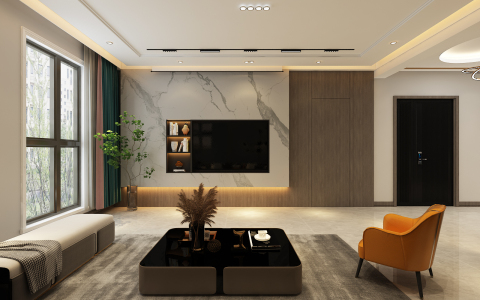 君豪新城现代风100㎡岩板电视墙+长虹玻璃+客厅无主灯的设计