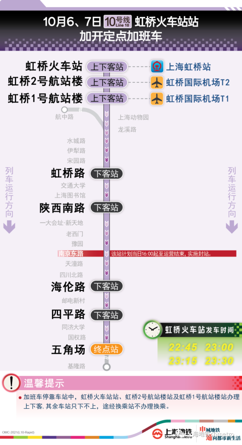 今明两天，上海地铁 1、2、10号线将加开定点加班车