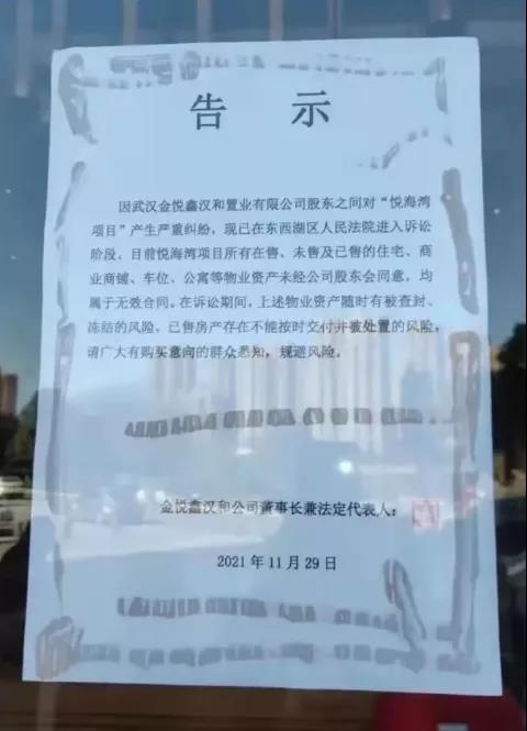 武汉金悦鑫汉和置业有限公司股东之间对“悦海湾项目”严重纠纷